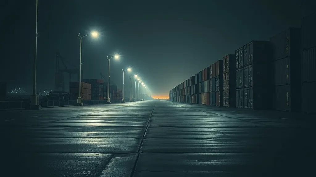 The container quay under floodlights before dawn