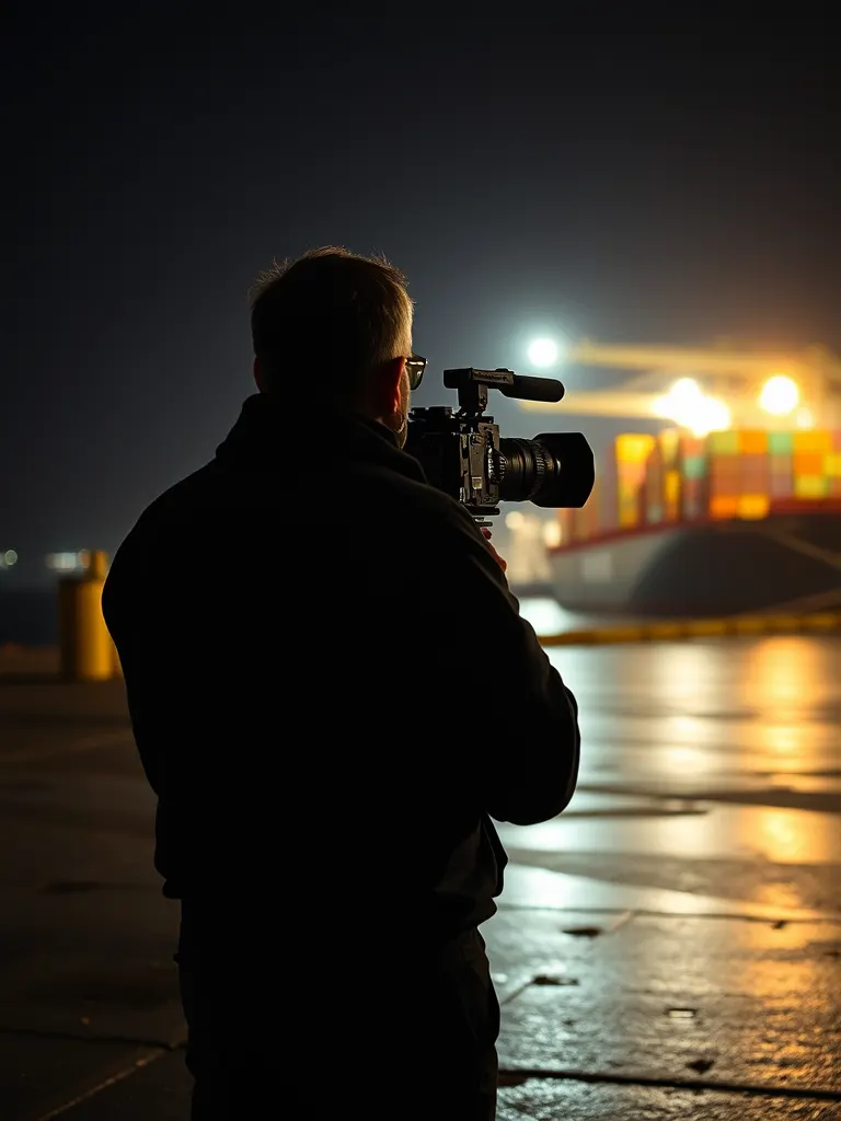 A camera operator on the quay at night