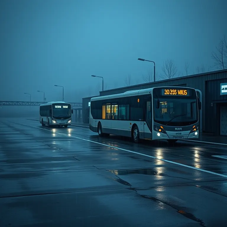 A bus waiting at an empty terminus at night