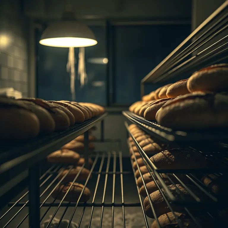 Trays of bread cooling in a bakery before dawn