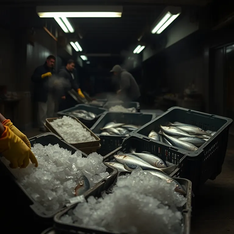Crates of ice and fish being moved under strip lights