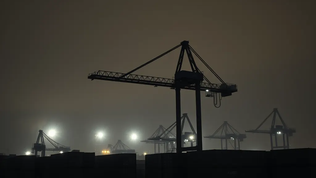 A crane gantry against a floodlit sky over the docks
