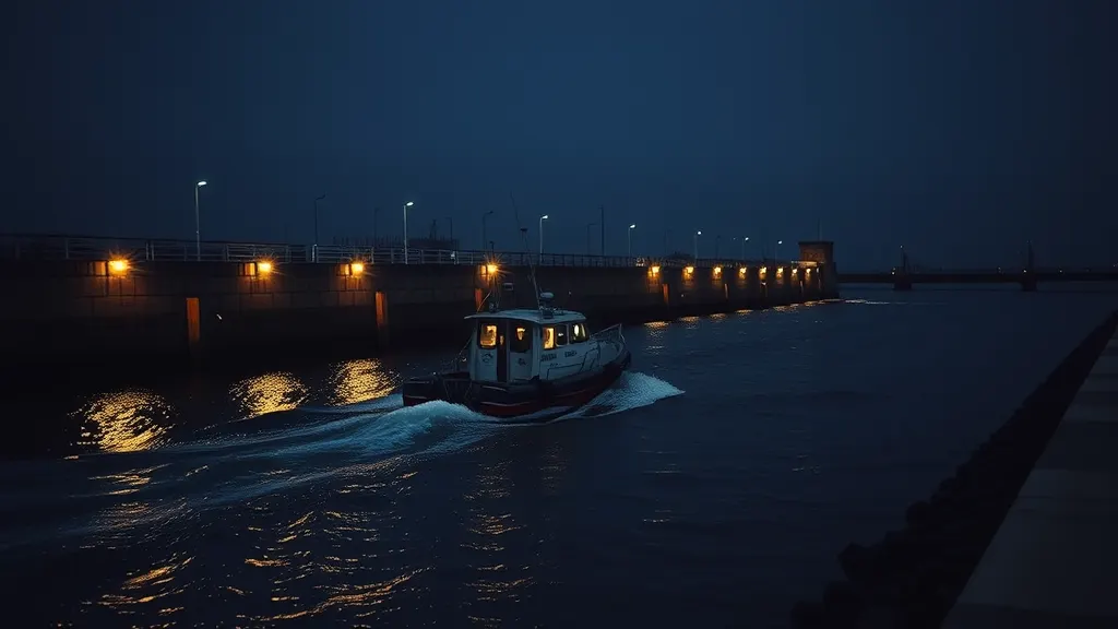A pilot boat leaving the harbour wall in the dark